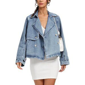 Women’s Light Blue D-Sun Cropped Jean Trench Jacket with Pockets, Denim